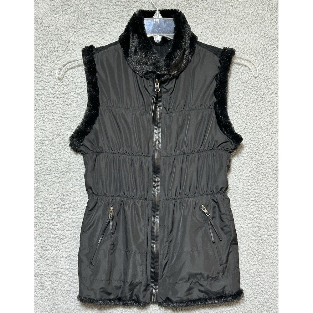 Chico's Vest Size Small Black Faux Fur Lined Collar Sleeveless Full Zip